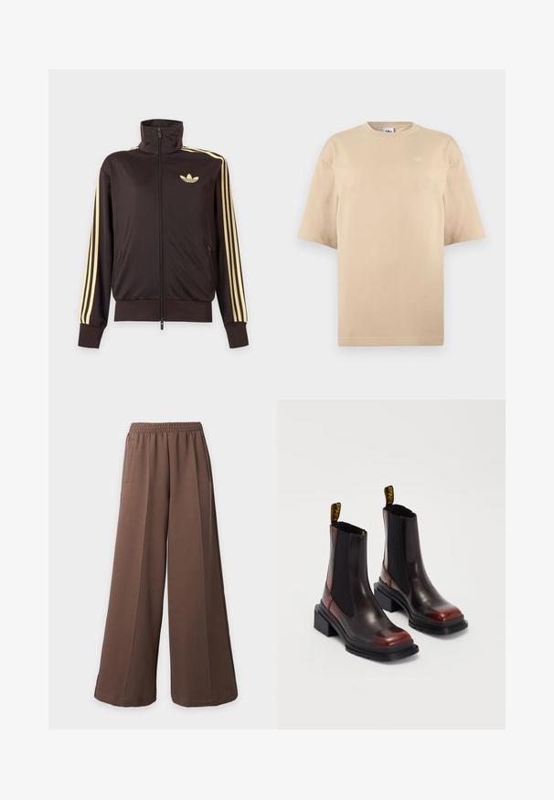 Čierna športová bunda na zips s vysokým golierom, svetložlté pruhy na rukávoch a logo Adidas trefoil na ľavej strane hrude.; Béžové oversized tričko s krátkym rukávom, okrúhlym výstrihom a malým bielym logom Adidas trefoil na hornej ľavej strane hrudníka.; Voľné hnedé široké teplákové nohavice s elastickým pásom a bočnými vreckami na jednofarebnom svetlom pozadí.; Dr. Martens MAYBOLE CHELSEA - Členkové čižmy na platforme - black/cherry red