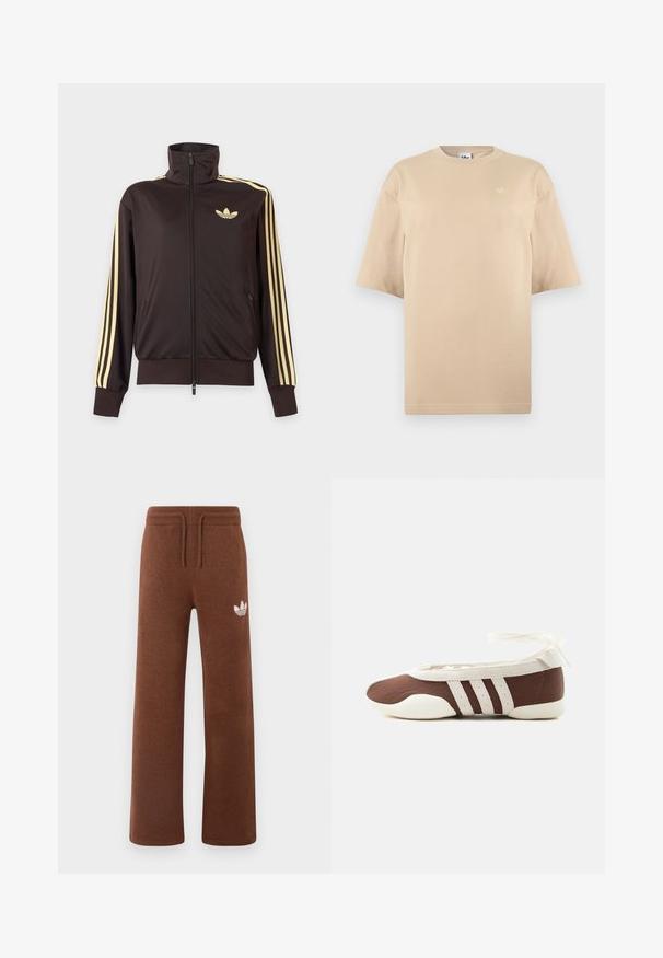 Čierna športová bunda na zips s vysokým golierom, svetložlté pruhy na rukávoch a logo Adidas trefoil na ľavej strane hrude.; Béžové oversized tričko s krátkym rukávom, okrúhlym výstrihom a malým bielym logom Adidas trefoil na hornej ľavej strane hrudníka.; Hnedé teplákové nohavice z mäkkého materiálu s uvoľneným strihom, s elastickým pásom, šnúrkou na stiahnutie a bielym logom na ľavom stehne.; Hnedá a biela baletná balerína s tromi bielymi pruhmi a mašľou na zviazanie okolo členku na jednoduchom svetlom pozadí.