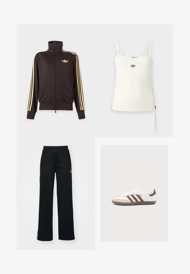 Čierna športová bunda na zips s vysokým golierom, svetložlté pruhy na rukávoch a logo Adidas trefoil na ľavej strane hrude.; Krémové tielko s tenkými ramienkami; čierne logo Adidas na prsiach. Hladká látka s detailom sťahovacieho šnúrky na leme. Jednoduchý dizajn.; Čierne športové nohavice so voľným strihom, s viazaním v páse, bočnými zipsovými vreckami a diskrétnym bielym logom na ľavej nohe.; Biela teniska Adidas Samba s hnedými semišovými pruhmi, hnedým semišovým špičkou a gumovou podrážkou na svetlosivom pozadí.