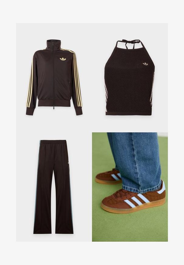 Chaqueta deportiva negra con cremallera y cuello alto, con rayas amarillas claras en las mangas y logo de Adidas trefoil en el pecho izquierdo.; Top corto de malla negra tipo halter con un diseño texturizado. Cuenta con franjas de acento rosa y un pequeño logotipo en el frente. Cierre con lazada en la espalda.; Pantalones de chándal negros de pierna ancha con franjas laterales azul claro, cintura elástica, bolsillos con cremallera y logo de Adidas en la cadera izquierda.; Zapatillas Adidas marrones con rayas blancas y suelas de goma, combinadas con jeans azules sobre una alfombra verde.