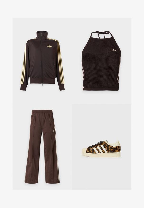 Čierna športová bunda na zips s vysokým golierom, svetložlté pruhy na rukávoch a logo Adidas trefoil na ľavej strane hrude.; Čierny sieťovaný crop top so štruktúrovaným dizajnom. Má ružové akcentové pruhy a malú logo na prednej strane. Zaviazanie na chrbte.; Hnedé športové nohavice so širokým strihom nohavíc, bielymi bočnými pásmi, elastickým pásom a dvoma bočnými vreckami. Na nohavici je malá značka.; Tenisky s leopardím vzorom a čiernymi šnúrkami, biely dizajn s tromi pruhmi, krémová gumová špička a podrážka, textúrovaný horný materiál.