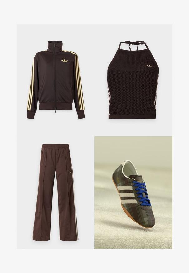 Mustast lukuga spordijakk kõrge kraega, helekollaste triipudega varruka all ja Adidas trefoil logo vasakul rinnal.; Mustast võrgust kaelusega top tekstuurse mustriga. Esiküljel on roosad aksendtriibud ja väike logo. Seljal lipsuga kinnis.; Pruunid sportpüksid laiade säärtega, valgete küljeribadega, elastse vöökohaga ja kahe küljetaskuga. Jalal on väike logo.; Pruunist ruudulisest kangast sportlikud kingad siniste paeltega, kolm valget triipu ja siledat pinda, millel on helesinine kummitald.