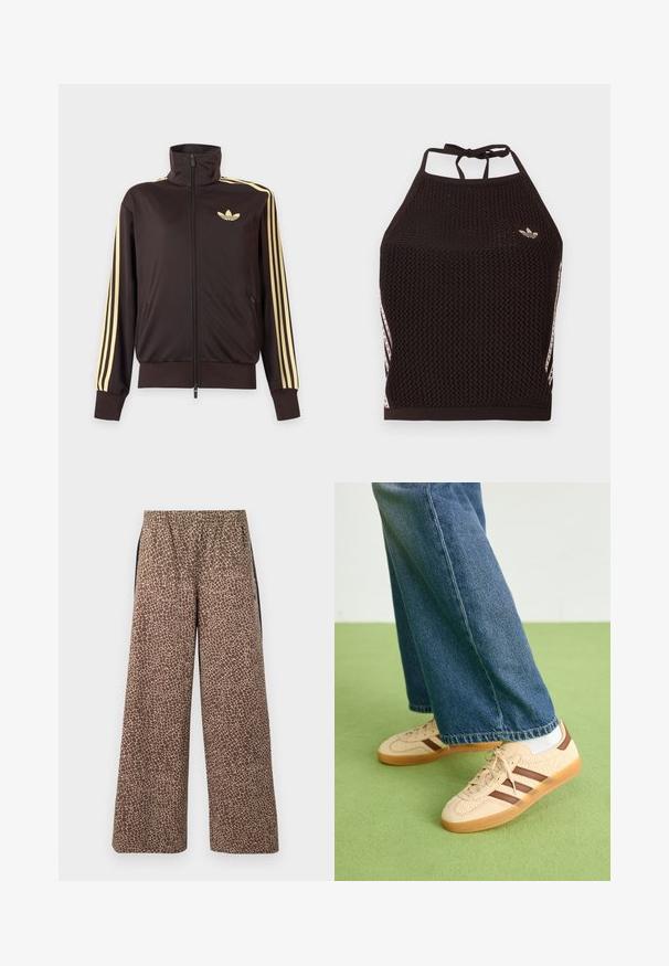 Chaqueta deportiva negra con cremallera y cuello alto, con rayas amarillas claras en las mangas y logo de Adidas trefoil en el pecho izquierdo.; Top corto de malla negra tipo halter con un diseño texturizado. Cuenta con franjas de acento rosa y un pequeño logotipo en el frente. Cierre con lazada en la espalda.; Pantalones marrones de pierna ancha con un patrón de estampado animal beige, cintura elástica y franjas laterales negras a contraste. Textura suave de la tela.; Zapatillas beige con paneles de crema texturizados y rayas marrones, combinadas con unos jeans de mezclilla azul. Los jeans tienen un corte de pierna ancha y dobladillo deshilachado.