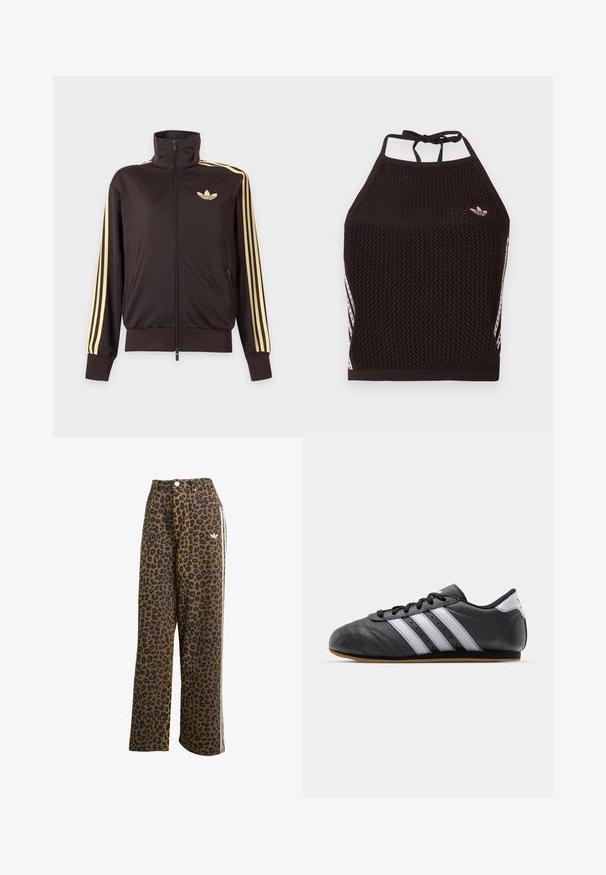 Schwarze Trainingsjacke mit Reißverschluss und hohem Kragen, hellgelben Streifen an den Ärmeln und Adidas Trefoil Logo auf der linken Brust.; Schwarzes Netz-Halfter-Cropped-Top mit strukturiertem Design. Mit pinkfarbenen Akzentstreifen und kleinem Logo vorne. Mit Rückenknotenverschluss.; Leopardenmuster breite Hosen in Braun mit schwarzen Flecken, mit hoher Taille und weißen Seitenstreifen, aus Baumwollstoff gefertigt.; Schwarzer Sportschuh aus Leder mit weißen Streifen, runder Spitze, flacher Sohle und Schnürverschluss. Besitzt Perforationen für Atmungsaktivität.