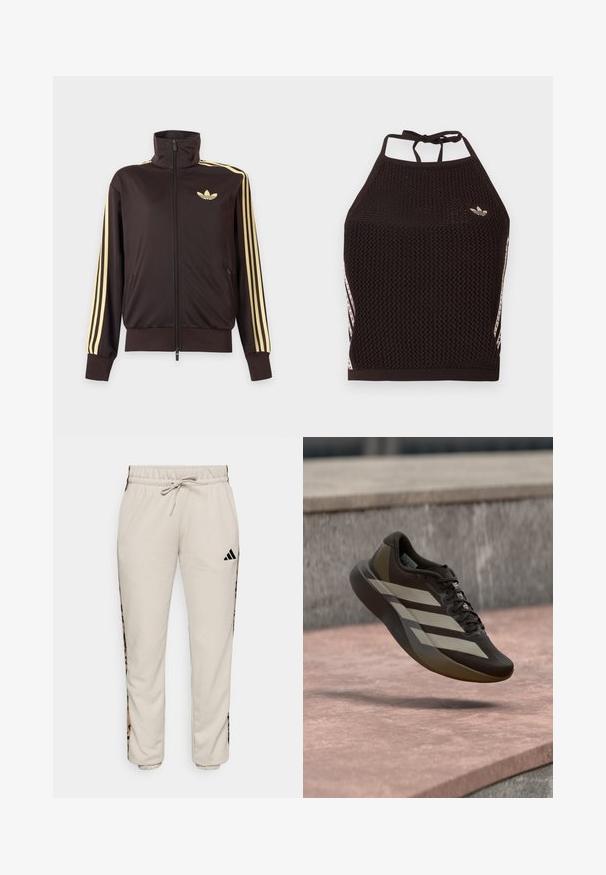 Sort lynlåstrøje med høj krave, lysegule striber ned ad ærmerne og Adidas trefoil-logo på venstre bryst.; Sort mesh halter crop top med tekstureret design. Har pink accentstriber og en lille logo foran. Lukning med bånd bagpå.; Lys beige sweatpants lavet af blødt stof, med en snøre i taljen og sorte sideløbere med et leopardmønster.; Brun løbesko med tekstureret overdel, der har brede hvide striber, sorte snørebånd og en glat sål, vist svævende i luften.
