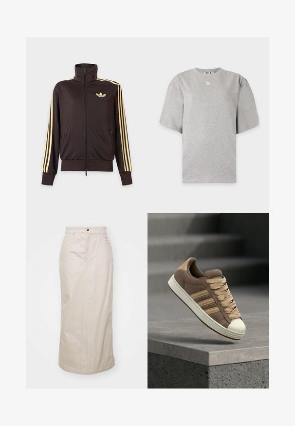 Svart treningsjakke med glidelås og høy krage, lysegule striper på ermene og Adidas trefoil-logo på venstre bryst.; Lysegrå Adidas t-skjorte med korte ermer, rund hals og lite hvitt Adidas-logo på brystet, vist på en ensfarget bakgrunn.; Beige stripete skjørt med høyt liv, skjult glidelås og metallknappelukking. Inkluderer en liten merkevareetikett på forsiden.; Brun semsket lavt sneakers med beige detaljer, kremfarget gummitåhette og beige lisser. Tre parallelle striper på siden.