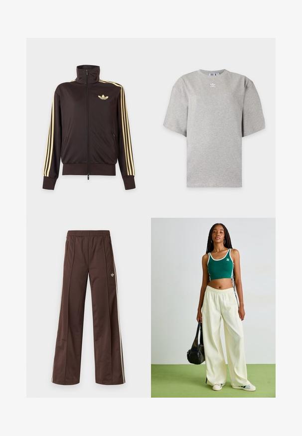 Čierna športová bunda na zips s vysokým golierom, svetložlté pruhy na rukávoch a logo Adidas trefoil na ľavej strane hrude.; Svetlosivé tričko Adidas s krátkym rukávom, okrúhlym výstrihom a malým bielym logom Adidas na hrudi, zobrazené na jednoduchom pozadí.; Hnedé športové nohavice so širokým strihom nohavíc, bielymi bočnými pásmi, elastickým pásom a dvoma bočnými vreckami. Na nohavici je malá značka.; Zelený skrátený top bez rukávov s bielym lemovaním, skombinovaný s širokými krémovými nohavicami. Model drží malú čiernu tašku. Jednoduché tenisky.