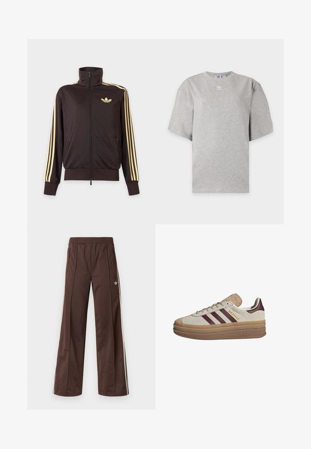 Sort lynlåstrøje med høj krave, lysegule striber ned ad ærmerne og Adidas trefoil-logo på venstre bryst.; Lysegrå Adidas T-shirt med korte ærmer, rund hals og lille hvid Adidas-logo på brystet, vist på en ensfarvet baggrund.; Brune atletiske bukser med vidde ben, hvide striber på siden, elastisk linning og to sidelommer. Har et lille logo på benet.; Beige ruskinds sneakers med maroon striber, hvide accenter, en kraftig gennemsigtig sål og forhøjet branding på siden. Snørebåndsdesign.