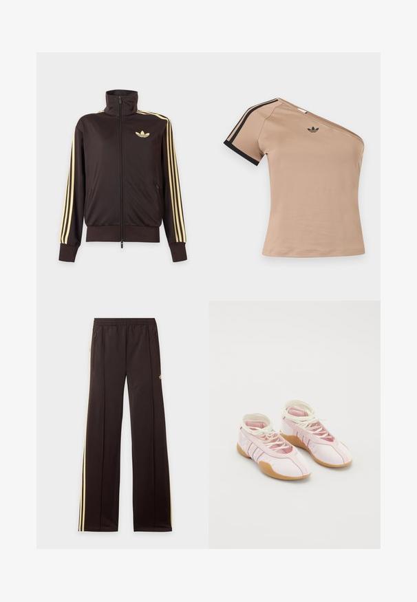 Sort lynlåstrøje med høj krave, lysegule striber ned ad ærmerne og Adidas trefoil-logo på venstre bryst.; Beige én-skulder sportstop med sorte striber på kort ærme og lille sort Adidas-logo på brystet.; Sorte træningsbukser med gule sidelister, elastisk taljebånd, lynlåslommer i siderne og en lille logo på den øvre lår.; Lyserøde lærredssko med en blød overflade, der har snørebåndsdesign og en gummisål. Dekorative detaljer og tre striber på siden.