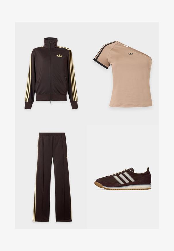 Schwarze Trainingsjacke mit Reißverschluss und hohem Kragen, hellgelben Streifen an den Ärmeln und Adidas Trefoil Logo auf der linken Brust.; Beiger Ein-Schulter-Sporttop mit schwarzen Streifen am kurzen Ärmel und kleinem schwarzem Adidas-Logo auf der Brust.; Schwarze Jogginghose mit gelben Seitenstreifen, elastischem Bund, seitlichen Reißverschlusstaschen und kleinem Logo am oberen Oberschenkel.; Niedrig profilierter dunkelburgunderfarbener Adidas Sneaker mit weißen Streifen, cremfarbenen Schnürsenkeln und Gummisohle, seitliche Ansicht vor einfarbigem Hintergrund.
