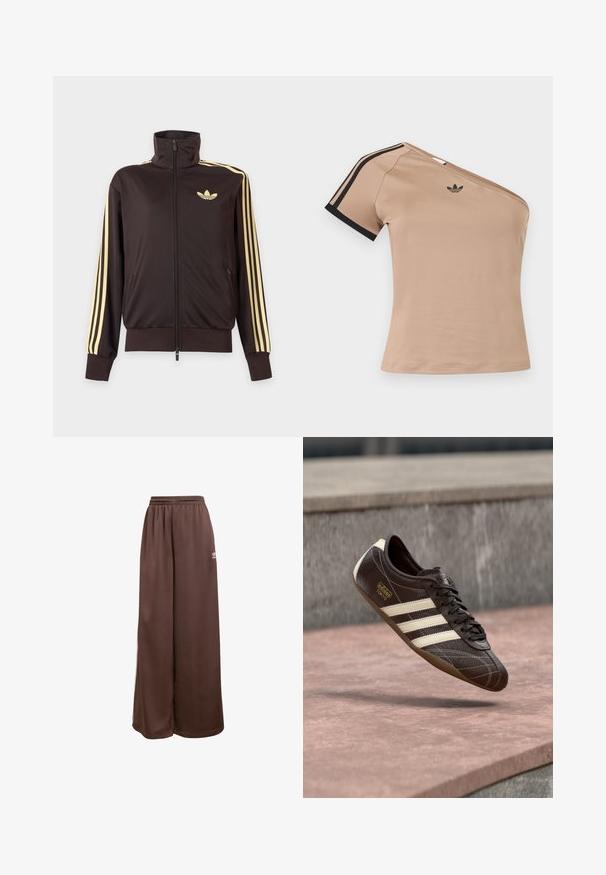 Musta vetoketjullinen urheilutakki korkealla kauluksella, vaaleankeltaiset raidat hihoissa ja Adidas trefoil -logo vasemmassa rinnassa.; Beigen värinen urheilutoppi yhdellä olkavarrella, jossa mustat raidat lyhyessä hihassa ja pieni musta Adidas-logo rinnassa.; adidas Originals Verryttelyhousut - auburn cream white; Ruskeat nahkakengät, joissa on valkoiset kolme raitaa, teksturoidu pinta, nauhallinen muotoilu ja ruskea kumipohja. Sivussa kohokuvioitu logo.