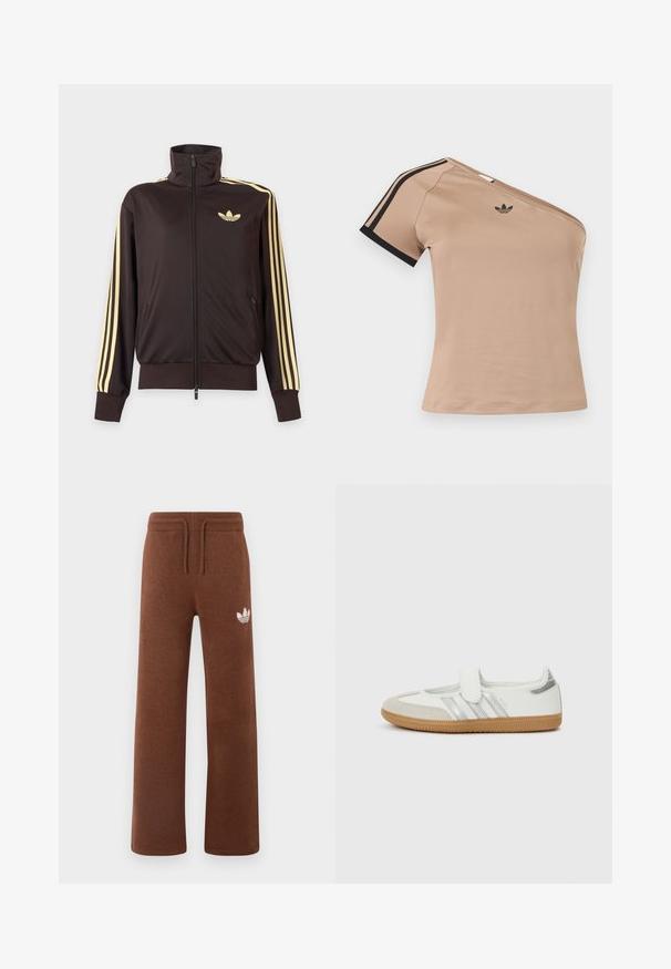 Sort lynlåstrøje med høj krave, lysegule striber ned ad ærmerne og Adidas trefoil-logo på venstre bryst.; Beige én-skulder sportstop med sorte striber på kort ærme og lille sort Adidas-logo på brystet.; Brune sweatpants i blødt stof med en afslappet pasform, der har en elastisk talje, snørre og et hvidt logo på venstre lår.; Hvid sneaker med sølvstriber, ruskindsspids og velcrolukning. Sål af tekstureret gummimateriale. Minimalistisk design med glat finish.