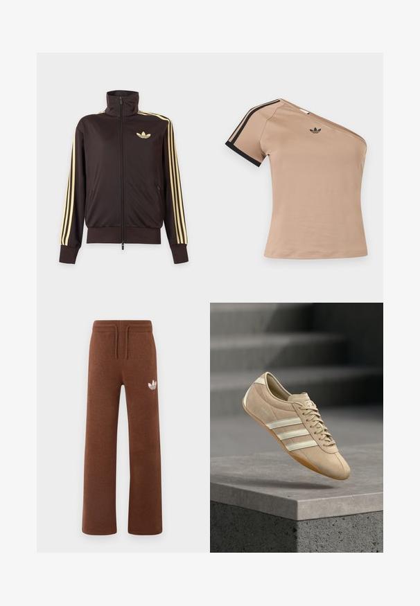 Zwarte joggingjas met rits en hoge kraag, lichtgele strepen op de mouwen en Adidas trefoil-logo op de linkerborst.; Beige sports top met één schouder, zwarte strepen op de korte mouw en klein zwart Adidas-logo op de borst.; Bruine sweatpants van zacht materiaal met een relaxte pasvorm, voorzien van een elastische tailleband, koord en een wit logo op de linker dij.; Lichtbeige sneaker met drie witte horizontale strepen, bovenwerk van suède en een rubberen gumzool, met een logo aan de zijkant.
