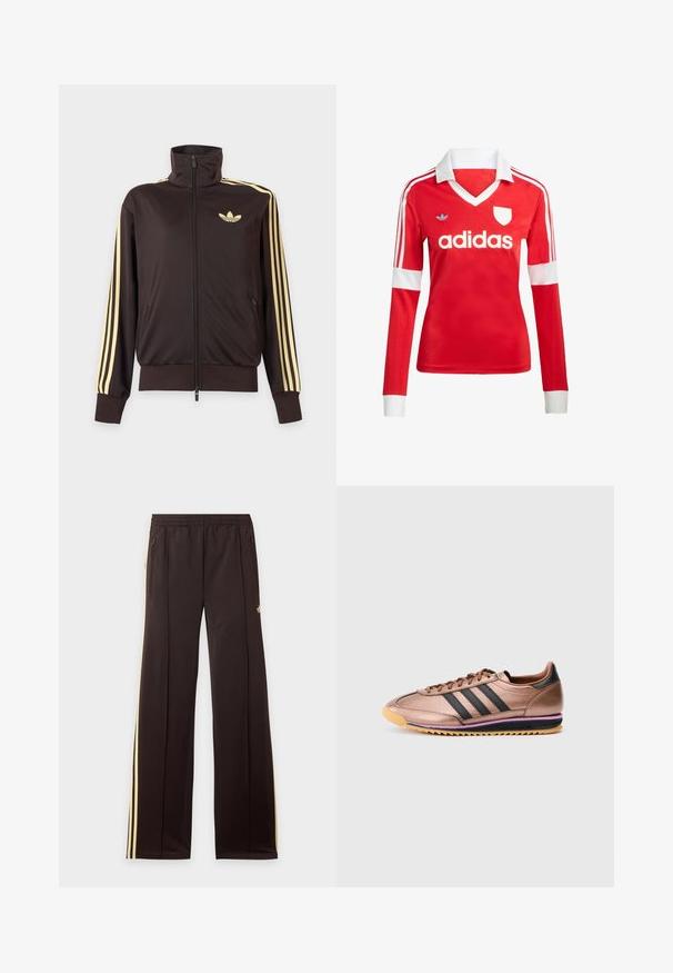 Schwarze Trainingsjacke mit Reißverschluss und hohem Kragen, hellgelben Streifen an den Ärmeln und Adidas Trefoil Logo auf der linken Brust.; Rotes Fußballtrikot mit langen Ärmeln, weißem Kragen und weißen Ärmelbündchen. Es hat drei weiße Streifen auf den Schultern und das "adidas"-Logo ist auffällig platziert.; Schwarze Jogginghose mit gelben Seitenstreifen, elastischem Bund, seitlichen Reißverschlusstaschen und kleinem Logo am oberen Oberschenkel.; Bronzene Sportschuh mit drei schwarzen Streifen, glatter Textur, Schnürdesign, kontrastierende hellbraune Sohle mit lila Akzenten, im Retro-Stil.