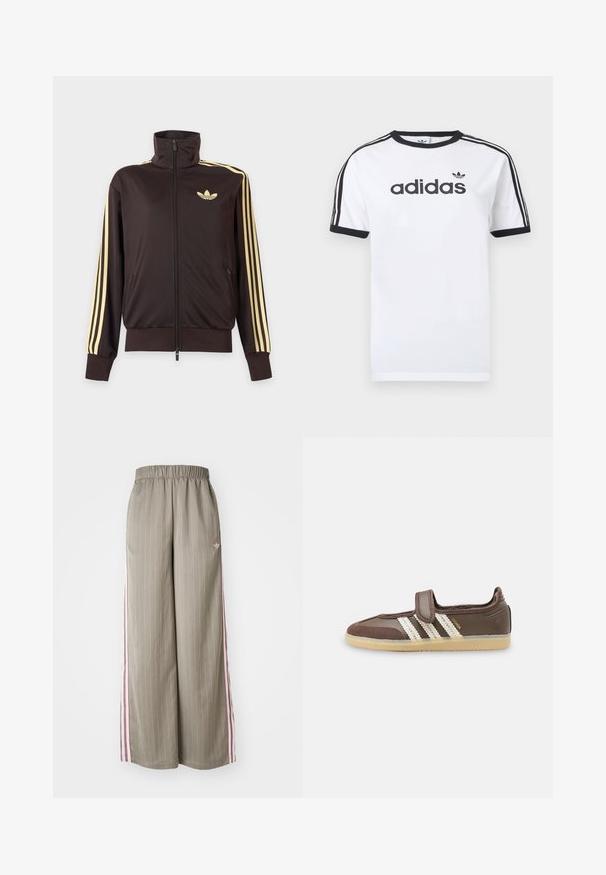 Čierna športová bunda na zips s vysokým golierom, svetložlté pruhy na rukávoch a logo Adidas trefoil na ľavej strane hrude.; Biele bavlnené tričko s čiernymi akcentmi, so zapínaním okolo krku, krátkymi rukávmi, tromi čiernymi pruhmi na ramenách a čiernym logom „adidas“.; Svetlo olivové nohavice s širokými nohavicami a vertikálnym pruhovaním, elastickým pásom a ružovými bočnými pruhmi. Obsahuje malé logo na boku.; Hnedá teniska s béžovou gumovou podrážkou, tromi bielymi pásikmi na boku a jedným suchým zipsom na vrchu.