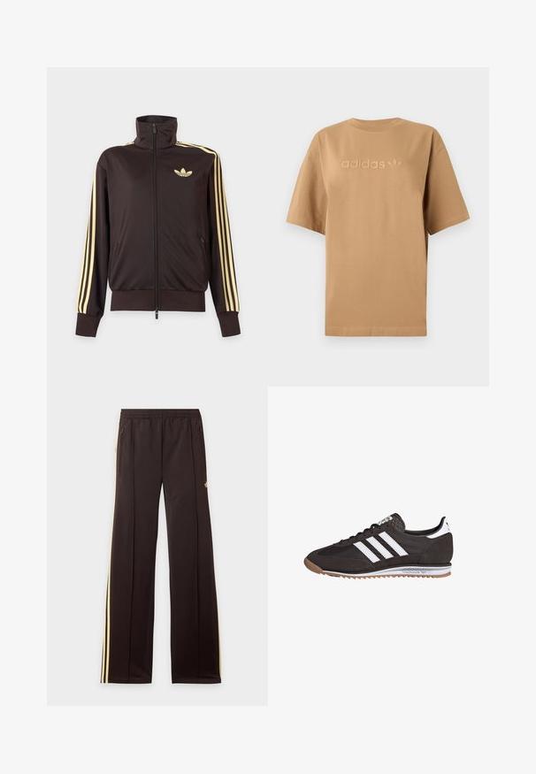 Mustast lukuga spordijakk kõrge kraega, helekollaste triipudega varruka all ja Adidas trefoil logo vasakul rinnal.; Pruun puuvillane T-särk lühikeste varrukatega ja ümmarguse kaelusega. Omab tõstetud "adidas" logo ja kolmnurga embleemi sama tooni. ; Mustad dressipüksid kollaste küljeribadega, elastse vöökohaga, küljetaskud lukuga ja väike logo reie ülaosas.; Must must sünteetilised tennisetossud, millel on kolm valget triipu, kummine tald, tekstuuriga konts ja hallid aktsendid. Omab seotava disaini ja madalat profiili.