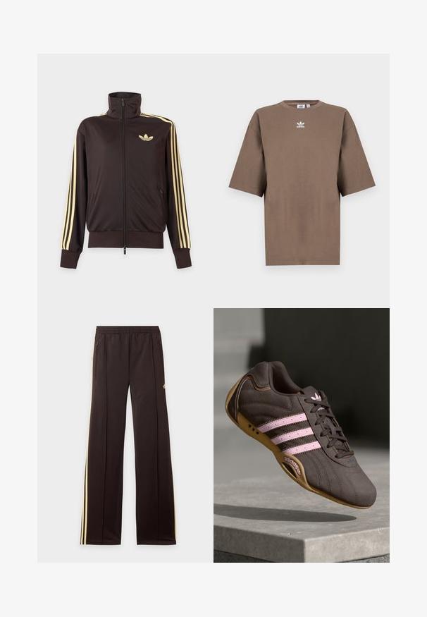 Musta vetoketjullinen urheilutakki korkealla kauluksella, vaaleankeltaiset raidat hihoissa ja Adidas trefoil -logo vasemmassa rinnassa.; Ruskea puuvillapaita lyhyillä hihoilla, pyöreällä kauluksella ja valkoisella Adidas-logolla, joka on keskitetty rintaan. Paidassa on yksinkertainen muotoilu ja rento istuvuus.; Mustat verkkarit keltaisilla sivuraitoisilla, joustavalla vyötäröllä, vetoketjullisilla sivutaskuilla ja pienellä logolla ylemmässä reisiosassa.; Ruskea mokkanahkainen urheilukenkä, jossa on vaaleanpunaiset raidat ja logo. Kengässä on teksturoitu päällinen, nauhakiinnitys ja kuminen pohja.