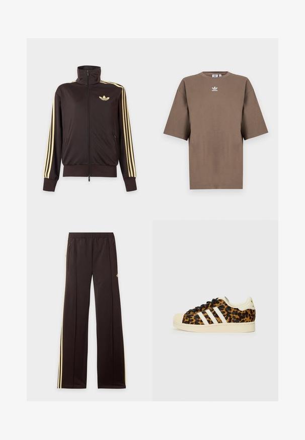 Zwarte joggingjas met rits en hoge kraag, lichtgele strepen op de mouwen en Adidas trefoil-logo op de linkerborst.; Bruine katoenen t-shirt met korte mouwen, ronde hals en wit Adidas-logo gecentreerd op de borst, met een eenvoudige uitstraling en een relaxte pasvorm.; Zwarte trainingsbroek met gele zijstrepen, elastische tailleband, ritszakken aan de zijkant en een klein logo op het bovenbeen.; Luipaardprint sneakers met zwarte veters, witte drie-streep ontwerp, crèmekleurige rubberen neus en zool, gestructureerd bovenmateriaal.