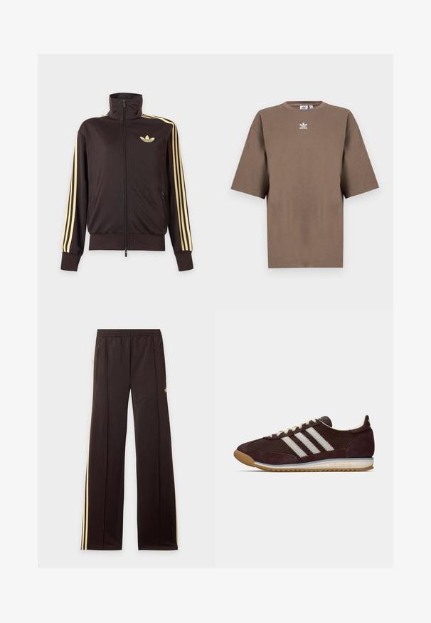 Sort lynlåstrøje med høj krave, lysegule striber ned ad ærmerne og Adidas trefoil-logo på venstre bryst.; Brun bomulds t-shirt med korte ærmer, rund hals og hvid Adidas-logo centreret på brystet, som har et enkelt design og en afslappet pasform.; Sorte træningsbukser med gule sidelister, elastisk taljebånd, lynlåslommer i siderne og en lille logo på den øvre lår.; Lavprofil mørk burgunder Adidas sneakers med hvide striber, cremefarvede snørebånd og gummitalje, set fra siden på neutral baggrund.