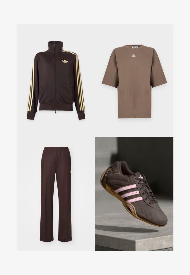 Zwarte joggingjas met rits en hoge kraag, lichtgele strepen op de mouwen en Adidas trefoil-logo op de linkerborst.; Bruine katoenen t-shirt met korte mouwen, ronde hals en wit Adidas-logo gecentreerd op de borst, met een eenvoudige uitstraling en een relaxte pasvorm.; Bruine sportieve broek met een elastische tailleband, twee zijzakken en een klein logo aan de linkerzijde, gemaakt van een zachte stof.; Bruine suède sport schoen met roze strepen en logo, voorzien van een gestructureerde bovenkant, vetersluiting en een gumrubberen zool.