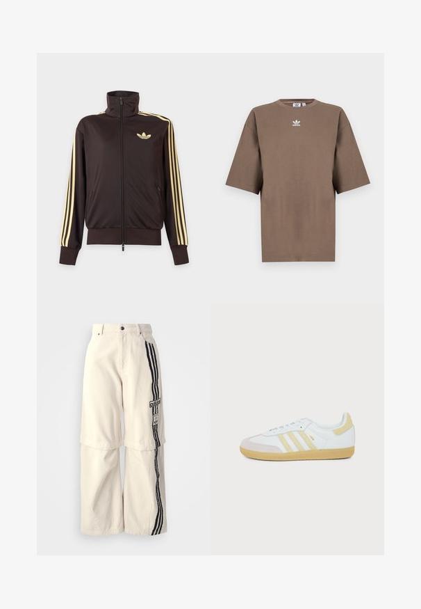 Čierna športová bunda na zips s vysokým golierom, svetložlté pruhy na rukávoch a logo Adidas trefoil na ľavej strane hrude.; Hnedé bavlnené tričko s krátkymi rukávmi, okrúhlym výstrihom a bielym logom Adidas umiestneným na hrudi, s jednoduchým dizajnom a voľným strihom.; Bežové nohavice s širokými nohavicami vyrobené z bavlny, s čiernym trojpruhovým dizajnom po boku a nášivkou loga Adidas na stehne.; Biely teniska Adidas Samba s béžovými semišovými detailmi, tromi textúrovanými pruhmi a gumovou podrážkou zobrazená zboku na bielom pozadí.