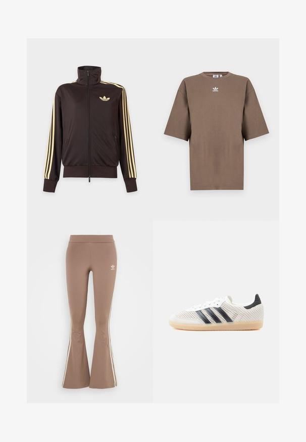Mustast lukuga spordijakk kõrge kraega, helekollaste triipudega varruka all ja Adidas trefoil logo vasakul rinnal.; Pruun puuvillane T-särk lühikeste varrukatega, ümar kaelus ja valge Adidas'i logo keskpunktis rinnal, lihtne disain ja mugav lõige.; Pruunid lükkavad teksad, mis on valmistatud venivast kangast, valgete külgriipidega ja väikese valge logoga vasakul reiel. Sile tekstuur.; Valged võrgust tossud mustade kolmerealiste triipudega, ümarate ninade ja kummist kummitaldadega. Omavad pehmet kandakaart ja nööbitavat sulgurit.