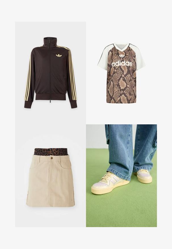 Zwarte joggingjas met rits en hoge kraag, lichtgele strepen op de mouwen en Adidas trefoil-logo op de linkerborst.; Adidas T-shirt met korte mouwen en V-hals, met witte mouwen en een bruin slangenprint op het lichaam, met wit Adidas-logo en trefoil-embleem aan de voorkant.; Tan denim rok met een bruine elastieken tailleband met luipaardprint, voorzakken en een rechte snit, met zichtbare stikdetails.; Sneakers met een roomkleurige bovenkant en een getextuureerde rubberen zool, met geperforeerde details en gelaagde accenten in lichtblauw en beige.