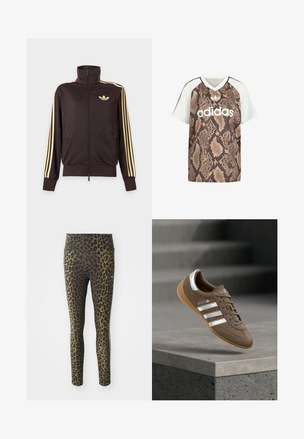 Čierna športová bunda na zips s vysokým golierom, svetložlté pruhy na rukávoch a logo Adidas trefoil na ľavej strane hrude.; Tričko Adidas s krátkym rukávom a strihom do V, s bielymi rukávmi a hnedým hadím vzorom na tele, s bielym logom Adidas a emblémom trefoil vpredu.; Legíny s leopardím vzorom s vysokým pásom, elastickou tkaninou a čiernymi akcentmi na svetlohnedom podklade, navrhnuté pre pohodlie a prispôsobenie.; Hnedá semišová teniska s bielymi pruhmi a striebornými akcentmi, s textúrovaným zvrškom, šnurovaním a podrážkou z gumy