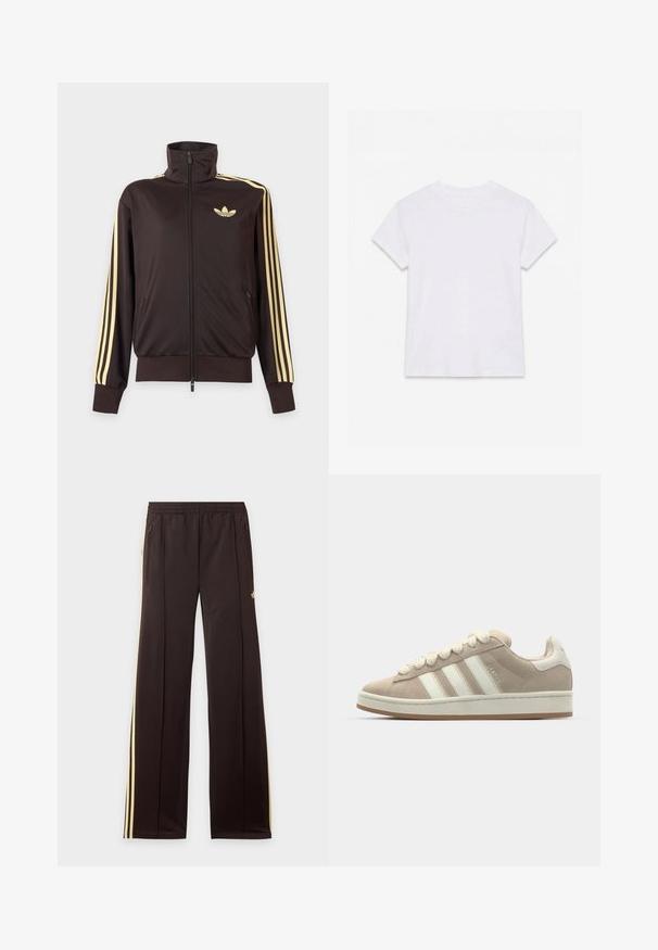 Zwarte joggingjas met rits en hoge kraag, lichtgele strepen op de mouwen en Adidas trefoil-logo op de linkerborst.; Effen wit katoenen T-shirt met korte mouwen en ronde hals, plat gelegd op een witte achtergrond.; Zwarte trainingsbroek met gele zijstrepen, elastische tailleband, ritszakken aan de zijkant en een klein logo op het bovenbeen.; Tan suède sneaker met witte leren strepen en veters, rubberen zool, gewatteerde kraag en tekstuurdetails aan de bovenkant.