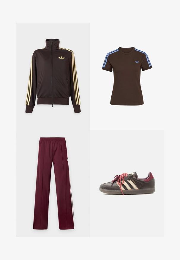 Chaqueta deportiva negra con cremallera y cuello alto, con rayas amarillas claras en las mangas y logo de Adidas trefoil en el pecho izquierdo.; Camiseta marrón de manga corta con tres rayas azul claro en los hombros y pequeño logo de Adidas azul claro en el pecho izquierdo.; Pantalones deportivos burdeos con cinturilla elástica, bolsillos laterales con cremallera, rayas blancas a los lados y un pequeño logotipo blanco de Adidas en el muslo derecho.; Zapatilla Adidas Samba de color marrón oscuro con rayas crema, talón granate y cordones rosas con patrón, mostrada de perfil sobre fondo blanco.