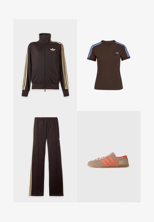 Sort lynlåstrøje med høj krave, lysegule striber ned ad ærmerne og Adidas trefoil-logo på venstre bryst.; Brun T-shirt med korte ærmer med lyseblå tre striber på skuldrene og lille lyseblåt Adidas-logo på venstre bryst.; Sorte træningsbukser med gule sidelister, elastisk taljebånd, lynlåslommer i siderne og en lille logo på den øvre lår.; Brune ruskinds sneakers med tre klare orange striber, snørebånd foran og gyldent "Gazelle" branding på siden. Flad gummi sål.