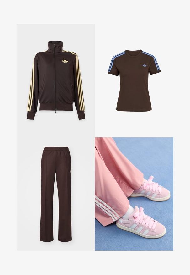 Chaqueta deportiva negra con cremallera y cuello alto, con rayas amarillas claras en las mangas y logo de Adidas trefoil en el pecho izquierdo.; Camiseta marrón de manga corta con tres rayas azul claro en los hombros y pequeño logo de Adidas azul claro en el pecho izquierdo.; Pantalones deportivos marrones con una cinturilla elástica, dos bolsillos laterales y un pequeño logo en el lado izquierdo, hechos de una tela suave.; Zapatillas deportivas rosas con rayas azul claro, puntera redonda y cordones gruesos rosas, combinadas con pantalones de chándal rosas que tienen rayas laterales blancas.