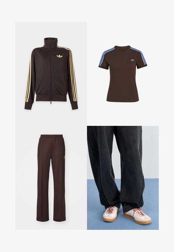 Zwarte joggingjas met rits en hoge kraag, lichtgele strepen op de mouwen en Adidas trefoil-logo op de linkerborst.; Bruin T-shirt met korte mouwen, lichtblauwe drie strepen op de schouders en klein lichtblauw Adidas-logo op de linkerborst.; Bruine sportieve broek met een elastische tailleband, twee zijzakken en een klein logo aan de linkerzijde, gemaakt van een zachte stof.; Zwarte baggy denimbroek met stiksels aan de voorkant, gecombineerd met witte en blush sneakers met een gumkleurige zool en roze veters.