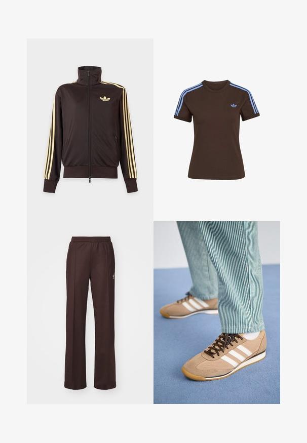 Zwarte joggingjas met rits en hoge kraag, lichtgele strepen op de mouwen en Adidas trefoil-logo op de linkerborst.; Bruin T-shirt met korte mouwen, lichtblauwe drie strepen op de schouders en klein lichtblauw Adidas-logo op de linkerborst.; Bruine sportieve broek met een elastische tailleband, twee zijzakken en een klein logo aan de linkerzijde, gemaakt van een zachte stof.; Tan suede en mesh sneakers met bruine veters en drie witte strepen. Gecombineerd met groene en witte gestreepte broeken, rustend op een blauwe ondergrond.