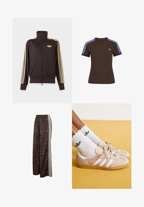 Chaqueta deportiva negra con cremallera y cuello alto, con rayas amarillas claras en las mangas y logo de Adidas trefoil en el pecho izquierdo.; Camiseta marrón de manga corta con tres rayas azul claro en los hombros y pequeño logo de Adidas azul claro en el pecho izquierdo.; Pantalones de pierna ancha con estampado de piel de serpiente en marrón y negro, con rayas laterales blancas y cintura elástica, con un pequeño logo de Adidas.; Zapatillas de cuero beige con rayas blancas y un logotipo dorado, acompañadas de calcetines blancos de volantes con un logo negro. Suela de goma texturizada.