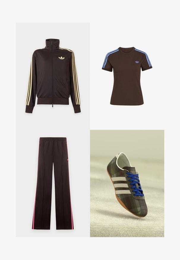 Zwarte joggingjas met rits en hoge kraag, lichtgele strepen op de mouwen en Adidas trefoil-logo op de linkerborst.; Bruin T-shirt met korte mouwen, lichtblauwe drie strepen op de schouders en klein lichtblauw Adidas-logo op de linkerborst.; Zwarte sportbroek met roze zijstrepen, elastische tailleband, ritssluitingenaan zakken en Adidas-logo op linker bovenbeen.; Bruine geruite sportschoenen met blauwe veters, drie witte strepen en een glad oppervlak, met een lichtbruine rubberen zool.