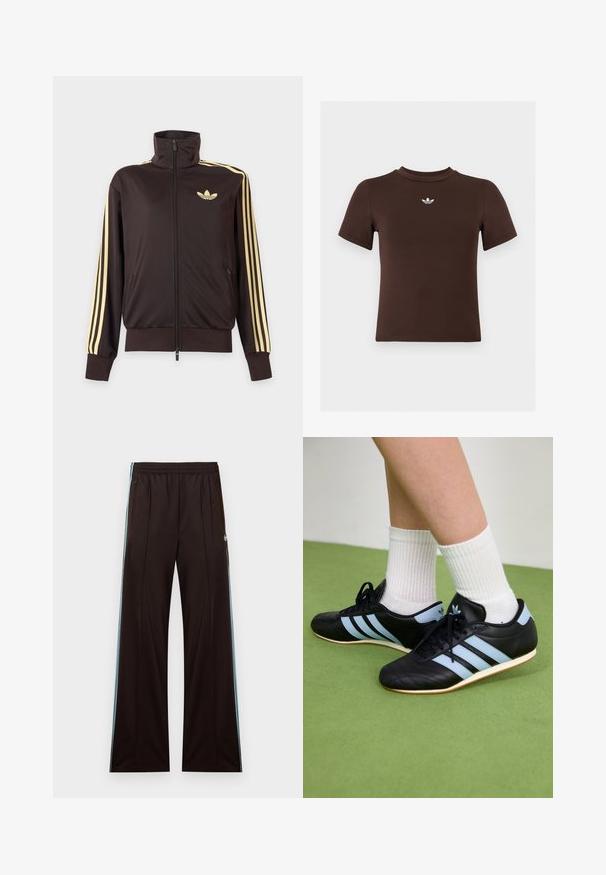 Čierna športová bunda na zips s vysokým golierom, svetložlté pruhy na rukávoch a logo Adidas trefoil na ľavej strane hrude.; Hnedé priliehavé tričko s krátkym rukávom a malým bielym logom Adidas umiestneným v strede pod výstrihom.; Čierne široké teplákové nohavice s svetlomodrými bočnými pruhmi, elastickým pásom, vreckami na zips a logom Adidas na ľavom bedre.; Čierne kožené športové topánky so svetlomodrými pruhmi, textúrovanými zvrškom a gumovou podrážkou, v kombinácii s bielymi rebrovanými ponožkami na zelenej podlahe.