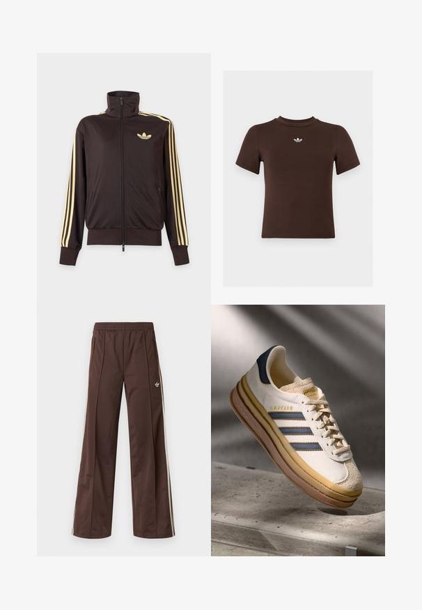 Zwarte joggingjas met rits en hoge kraag, lichtgele strepen op de mouwen en Adidas trefoil-logo op de linkerborst.; Bruine aansluitende T-shirt met korte mouwen en een klein wit Adidas-logo het midden onder de halslijn.; Bruine sportbroek met een wijd uitlopende pijp, witte zijstrepen, een elastische tailleband en twee zijzakken. Heeft een klein logo op het been.; Adidas Gazelle sneaker met een crème suède bovenwerk, blauwe leren accenten, drie blauwe strepen, beige tussenzool en een bruine rubberen outsole.