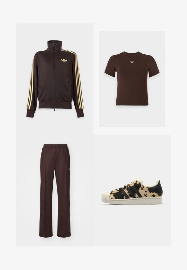 Čierna športová bunda na zips s vysokým golierom, svetložlté pruhy na rukávoch a logo Adidas trefoil na ľavej strane hrude.; Hnedé priliehavé tričko s krátkym rukávom a malým bielym logom Adidas umiestneným v strede pod výstrihom.; Hnedé športové nohavice s elastickým pásom, dvoma bočnými vreckami a malým logom na ľavej strane, vyrobené z mäkkej látky.; Tenisky s vzorom z hovädzej kože v béžovej a čiernej farbe, tri čierne pruhy, biela gumená špička a textúrovaná podrážka. Obsahujú šnúrky a značkovanie.