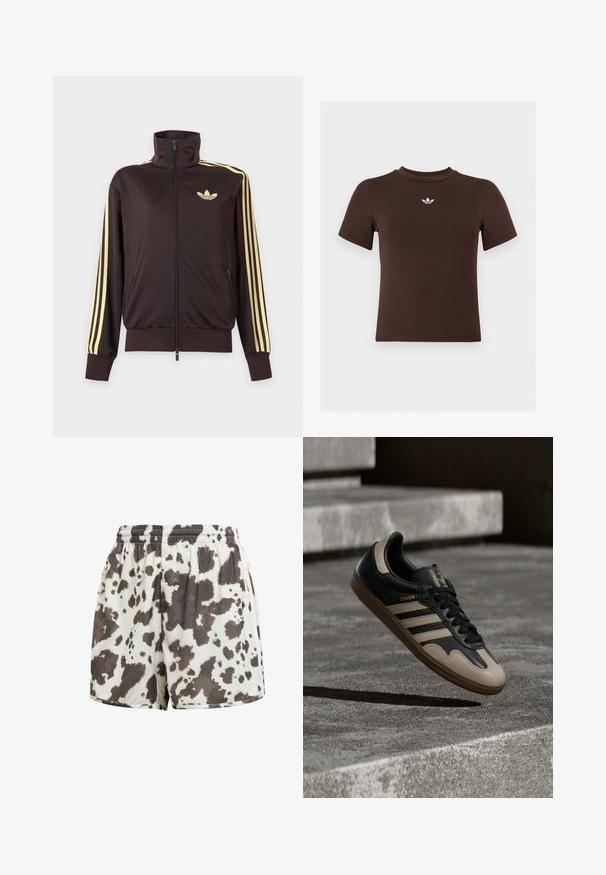 Mustast lukuga spordijakk kõrge kraega, helekollaste triipudega varruka all ja Adidas trefoil logo vasakul rinnal.; Pruun lühikeste varrukatega keha järgnev t-särk, millel on väike valge Adidas logo kaeluse all keskel.; Valged elastse vöökohaga lühikesed püksid, mis on lõdva lõikega ja millel on ebaühtlane tumedat pruunikas lehmakujundus.; Must ja beež nahast spordijalats, millel on kolm valget triipu, tan värvi kummist talla ja kuldsete "Samba" detailidega küljel.