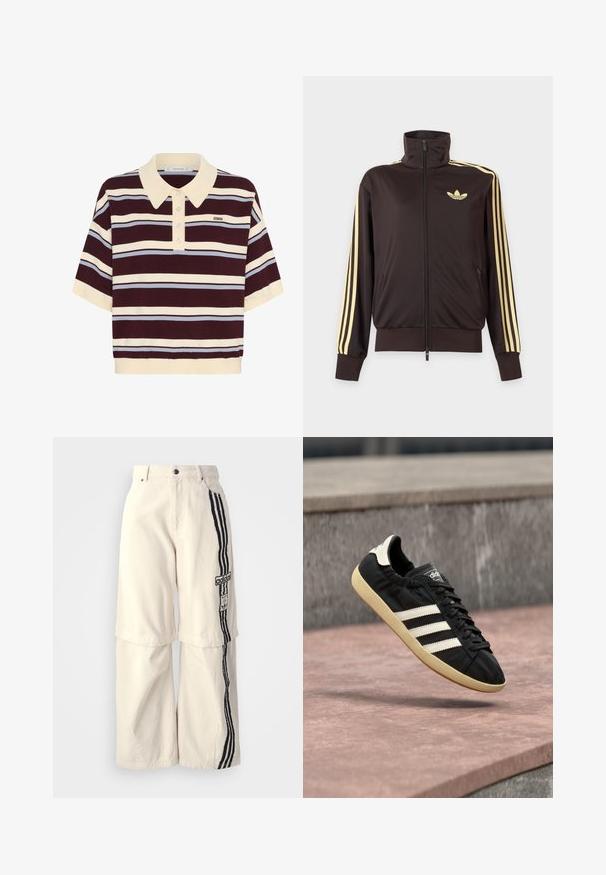 Sort lynlåstrøje med høj krave, lysegule striber ned ad ærmerne og Adidas trefoil-logo på venstre bryst.; Kortærmet polo-shirt i mørkerød og creme striber med lyseblå accenter, der har krave og knaplukning. Blødt strikket stof.; Beige brede bukser lavet af bomuld, prydet med en sort tre-stribedesign ned ad siden og et Adidas-logo-patch på låret.; Sort Adidas sneaker med hvide striber og beige sål, fanget i luften over en stenet overflade og baggrund af en stenmur.