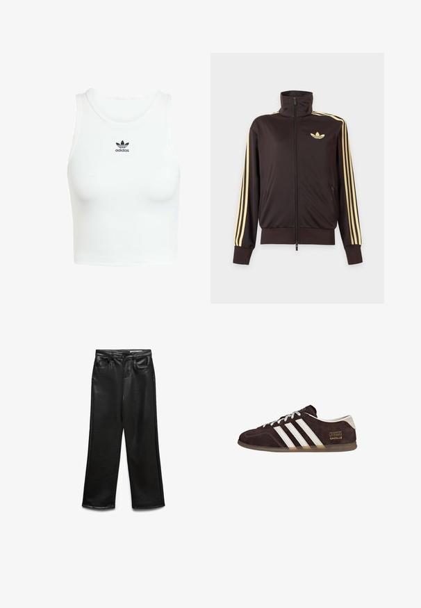 Mustast lukuga spordijakk kõrge kraega, helekollaste triipudega varruka all ja Adidas trefoil logo vasakul rinnal.; Valge puuvillane tank top, millel on vormiv ribatud tekstuur, ümmargune kaelus ja ees must õmmeldud Adidas logo.; Mustad kunstnahast laiade säärtega püksid esitaskutega, vööaasadega ja õrnalt läikiva pinnaga. Sile tekstuur ja kohandatud sobivus.; Pruunid seemisnahast tossud, millel on kolm valget triipu, kummist tallad ja kuldse kirjaga "Gazelle" tekstimärk. Paeltäidis on hõbedaste paeltega.
