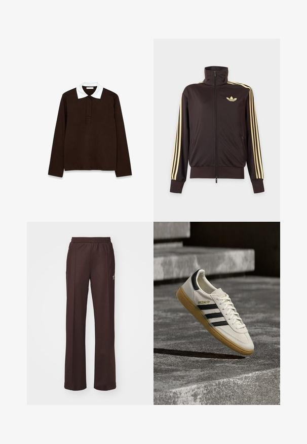 Chaqueta deportiva negra con cremallera y cuello alto, con rayas amarillas claras en las mangas y logo de Adidas trefoil en el pecho izquierdo.; Camisa polo de manga larga en tejido marrón oscuro con un cuello texturizado blanco y placket de tres botones. Material suave y cómodo.; Pantalones deportivos marrones con una cinturilla elástica, dos bolsillos laterales y un pequeño logo en el lado izquierdo, hechos de una tela suave.; Zapatilla blanca Adidas Spezial con rayas negras y suela de goma flotando sobre escalones de piedra grises al aire libre.