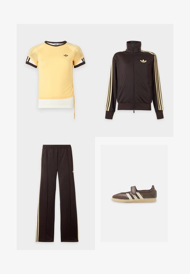 Casaco desportivo preto com fecho éclair e gola alta, riscas amarelas claras nas mangas e logo Adidas trefoil no peito esquerdo.; T-shirt desportivo amarelo com mangas raglan, detalhes em castanho e três riscas brancas nas mangas. Apresenta um logótipo e um cordão na bainha.; Calças desportivas pretas com riscas amarelas laterais, cintura elástica, bolsos laterais com fecho e um pequeno logótipo na parte superior da coxa.; Ténis castanho com riscas creme da Adidas, tira de velcro e sola de borracha, vista lateral sobre fundo branco.
