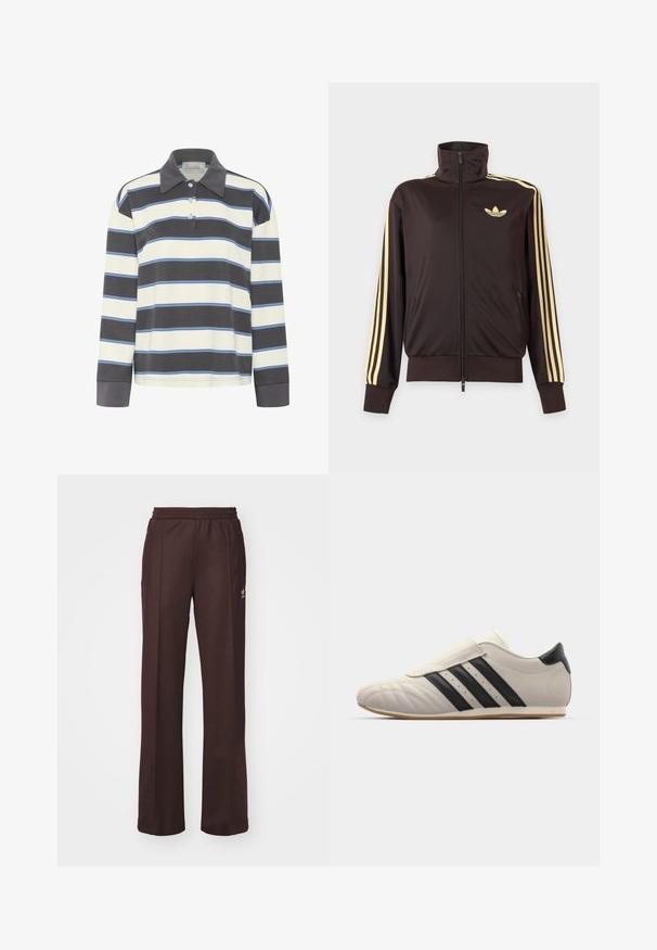 Chaqueta deportiva negra con cremallera y cuello alto, con rayas amarillas claras en las mangas y logo de Adidas trefoil en el pecho izquierdo.; Polo de manga larga en rayas horizontales de color azul marino y blanco con acentos en azul claro. Presenta un cuello con solapa y una tapeta de tres botones.; Pantalones deportivos marrones con una cinturilla elástica, dos bolsillos laterales y un pequeño logo en el lado izquierdo, hechos de una tela suave.; Zapatilla gris claro con rayas negras, puntera redondeada, parte superior de piel suave, cierre de tira de Velcro y suela de goma.