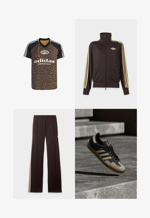 Sort lynlåstrøje med høj krave, lysegule striber ned ad ærmerne og Adidas trefoil-logo på venstre bryst.; adidas Originals LEO PRINT SATIN - T-shirts print - multicolor bronze strata; Sorte træningsbukser med gule sidelister, elastisk taljebånd, lynlåslommer i siderne og en lille logo på den øvre lår.; Sort og beige lædersneaker med tre hvide striber, tanfarvet gummisål og gyldent "Samba"-detalje på siden.