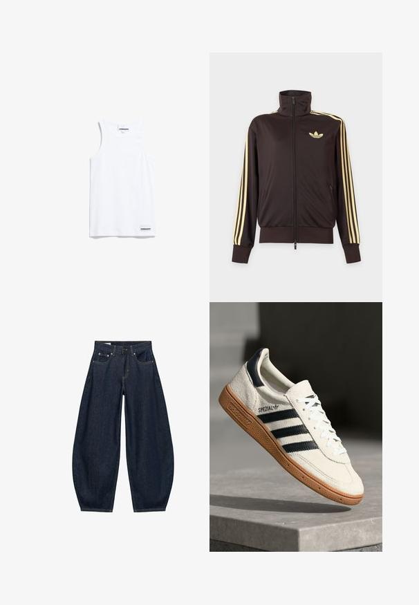 Zwarte joggingjas met rits en hoge kraag, lichtgele strepen op de mouwen en Adidas trefoil-logo op de linkerborst.; Witte tanktop gemaakt van katoen. Voorzien van brede schouderbanden en een ronde halslijn. Inclusief een klein merkje aan de onderkant links.; Donkerblauwe denim jeans met wijde pijpen, voorzakken, riemlussen en een knoopsluiting in de taille.; Witte suède sneakers met marineblauwe strepen, rubberen gumzool, gestructureerde bovenkant, ronde neus en veters; heeft branding aan de zijkant en op de tong.