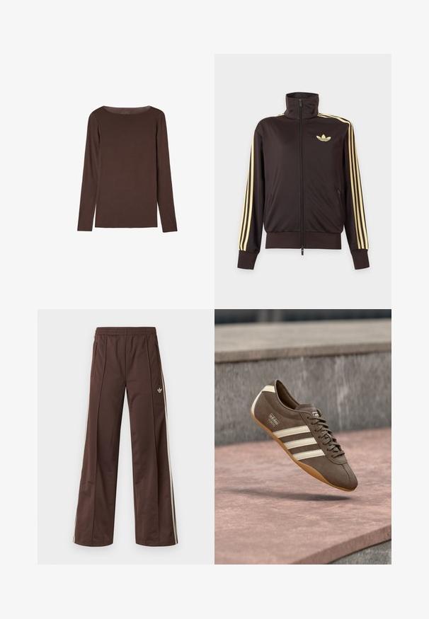 Chaqueta deportiva negra con cremallera y cuello alto, con rayas amarillas claras en las mangas y logo de Adidas trefoil en el pecho izquierdo.; Camiseta marrón de manga larga con cuello redondo, diseño simple y ajustado, sin patrones ni logotipos visibles.; Pantalones deportivos marrones con diseño de pierna ancha, franjas laterales blancas, cintura elástica y dos bolsillos laterales. Presentan un pequeño logo en la pierna.; Zapatilla de ante marrón con rayas blancas y marca, con puntera redonda y suela de goma color caramelo, suspendida sobre una superficie texturizada.