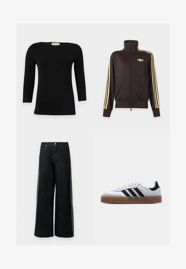 Schwarze Trainingsjacke mit Reißverschluss und hohem Kragen, hellgelben Streifen an den Ärmeln und Adidas Trefoil Logo auf der linken Brust.; Schwarzes langärmliges Baumwolloberteil mit einem Bootsausschnitt und einer figurbetonten Form. Glatte Textur mit einem subtilen Glanz, ohne ausgeprägte Muster oder Akzente.; Schwarze Denim-Jeans mit weitem Bein, seitlichen Streifen, vorderen Taschen, Gürtelschlaufen und einem Metallknopfverschluss an der Taille.; Weiße Leder Sneakers mit schwarzen Streifen, Gummigummi-Außensohle, runder Zehenform, Schnürverschluss und weichem grauem Wildleder-Zehenkappe.