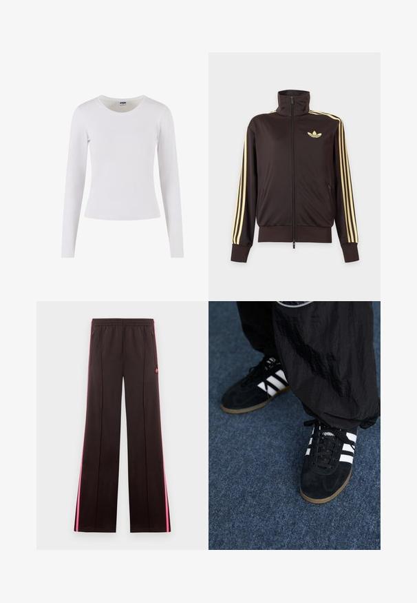 Veste de survêtement noire zippée avec col haut, bandes jaune clair le long des manches et logo adidas trefoil sur la poitrine gauche.; T-shirt blanc à manches longues en coton doux, avec un col rond et une silhouette ajustée, sans motifs ni accents.; Pantalon de sport noir avec des bandes latérales roses, taille élastique, poches zippées et logo Adidas sur la cuisse gauche.; Des chaussures de sport en suède noir avec trois rayures blanches et des lacets noirs. Un pantalon noir texturé est partiellement visible à côté des chaussures.